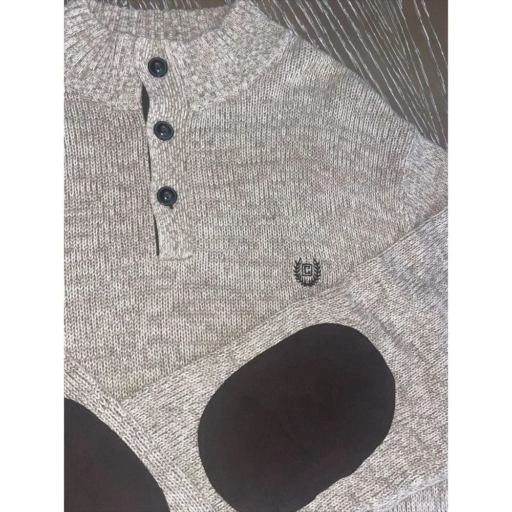 Chaps 1/4 Button‎ Sweater Suede Elbow Pads Long Sleeve EUC Beige/Brown FAST SHIP